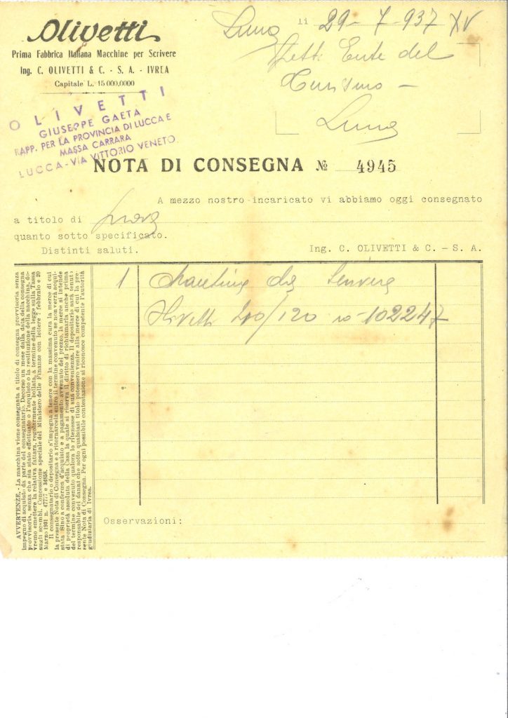 Nota di consegna 1937