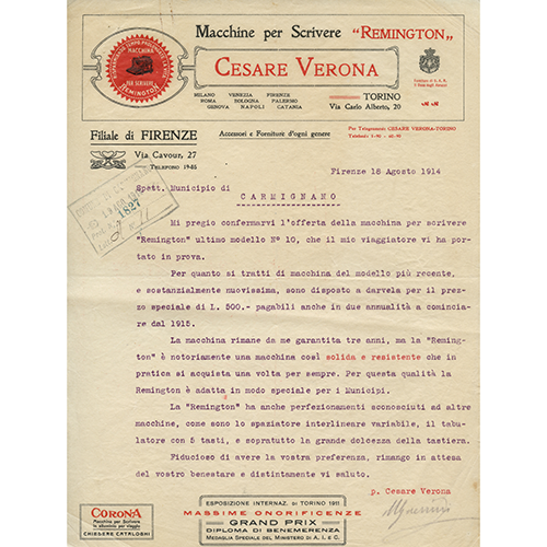 Lettera Cesare-Verona - Remington 10 del 18 agosto 1914